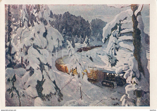 painting by A. Rylov - Forestry tractor - winter - Russian art - 1961 - Russia USSR - unused - JH Postcards