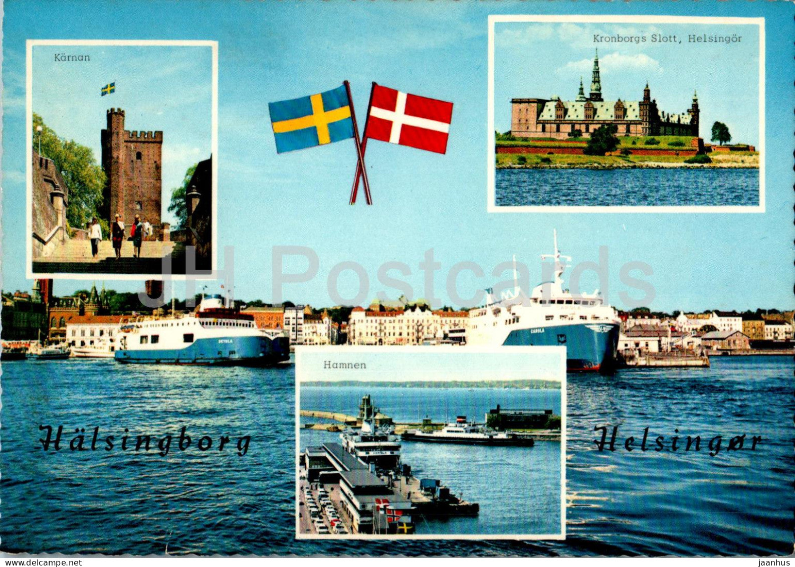 Halsingborg - Helsingor - port - castle - flags - multiview - 677 - Sweden - unused - JH Postcards
