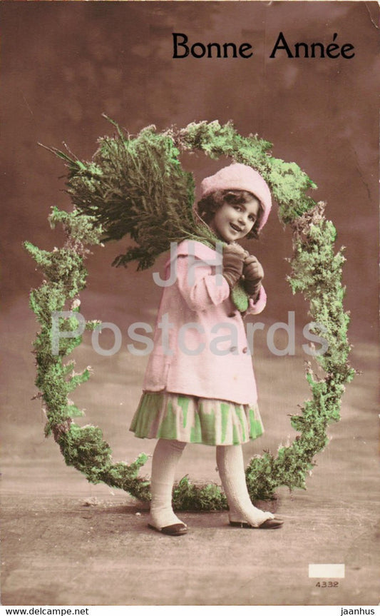 New Year Greeting Card - Bonne Annee - girl - 4332 - old postcard - 1912 - France - used - JH Postcards