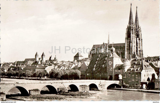 Regensburg - Steinerne Brucke - Dom - catheral - bridge - old postcard - 1957 - Germany - used - JH Postcards