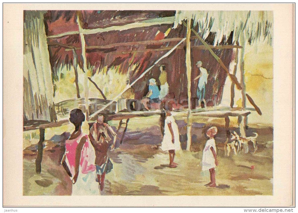 paintings by Plakhov and Alekseyev - Bongu Village . Ethnographer`s Guest Cabin - Pacific - 1979 - Russia USSR - unused - JH Postcards