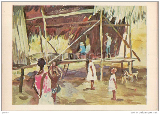 paintings by Plakhov and Alekseyev - Bongu Village . Ethnographer`s Guest Cabin - Pacific - 1979 - Russia USSR - unused - JH Postcards