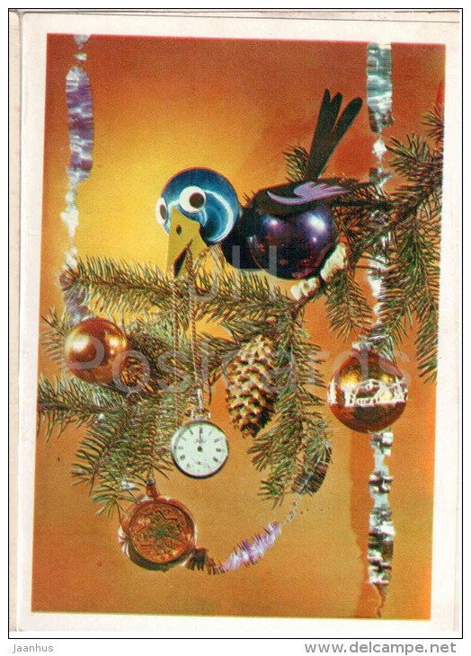 New Year Greeting card - crow - birds - clock - decorations - 1979 - Russia USSR - used - JH Postcards