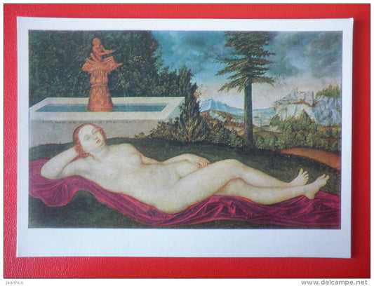 painting by Lucas Cranach the Elder . Resting Nymph at Fountain - german art - unused - JH Postcards