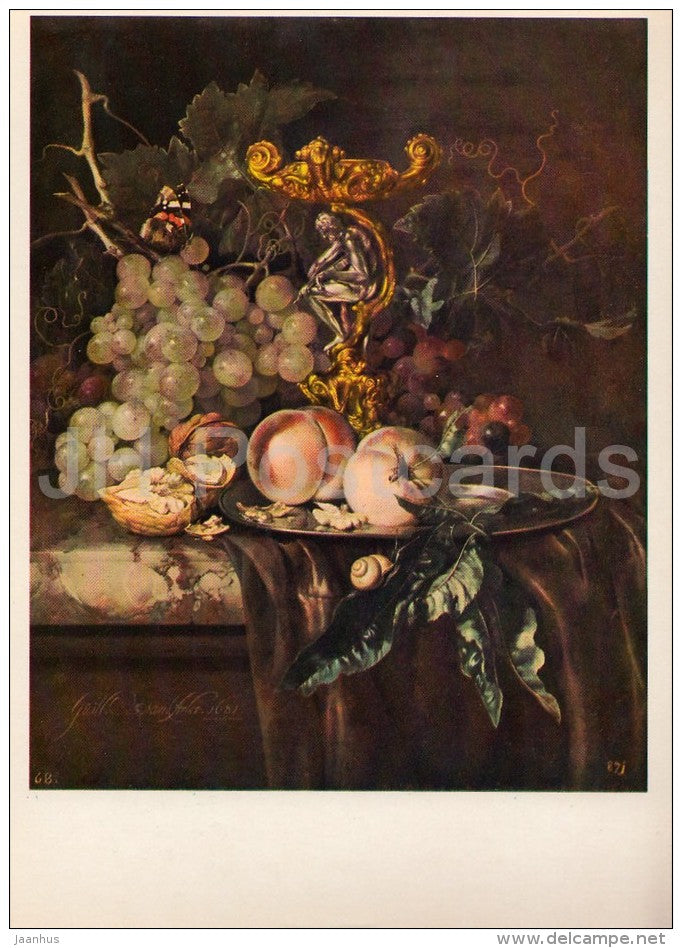painting by Willem van Aelst - Still Life with Fruit , 1681 - grape - peach - Dutch art - 1980 - Russia USSR - unused - JH Postcards