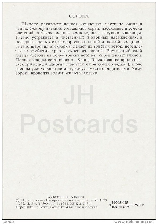 Eurasian magpie - Pica pica - Birds of Russian Forest - 1979 - Russia USSR - unused - JH Postcards