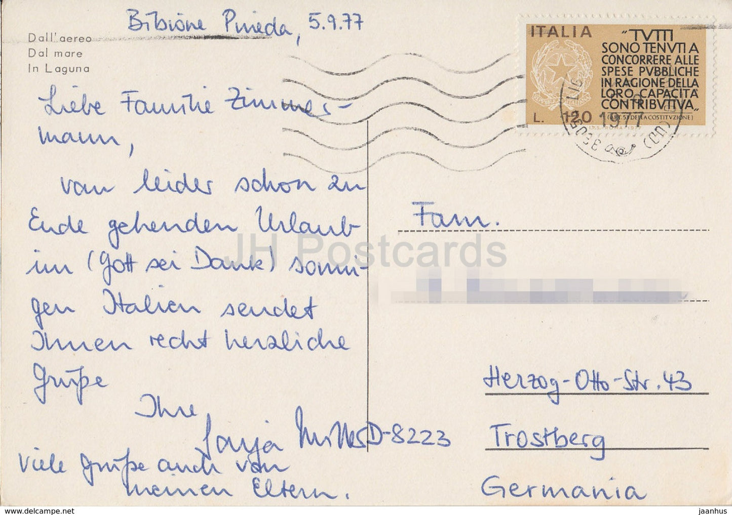 Saluti da Bibione - dall'Aereo - plage - voilier - Italie - 1977 - occasion