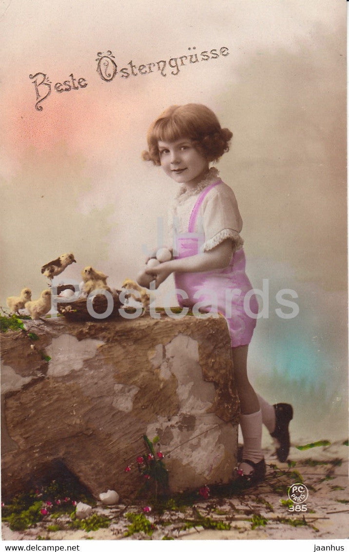 Easter Greeting Card - Beste Osterngrusse - girl - chicken - PC Paris 385 - old postcard - 1921 - France - used - JH Postcards