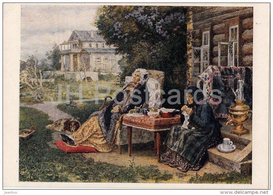 painting by V. Maksimov - All in the Past , 1889 - samovar - old woman - Russian art - 1952 - Russia USSR - unused - JH Postcards