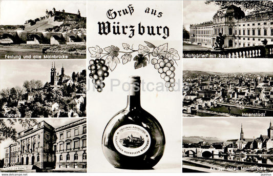 Gruss aus Wurzburg - Festung - Universitat - Innenstadt - Hofgarten - 1962 - Germany - used - JH Postcards