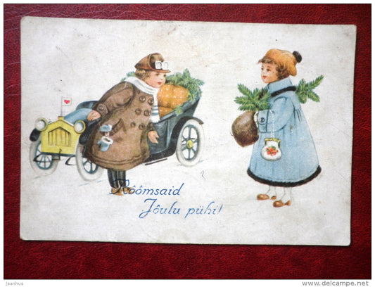 Christmas Greeting Card - old car - young women - circulated in 1926 - Estonia - used - JH Postcards
