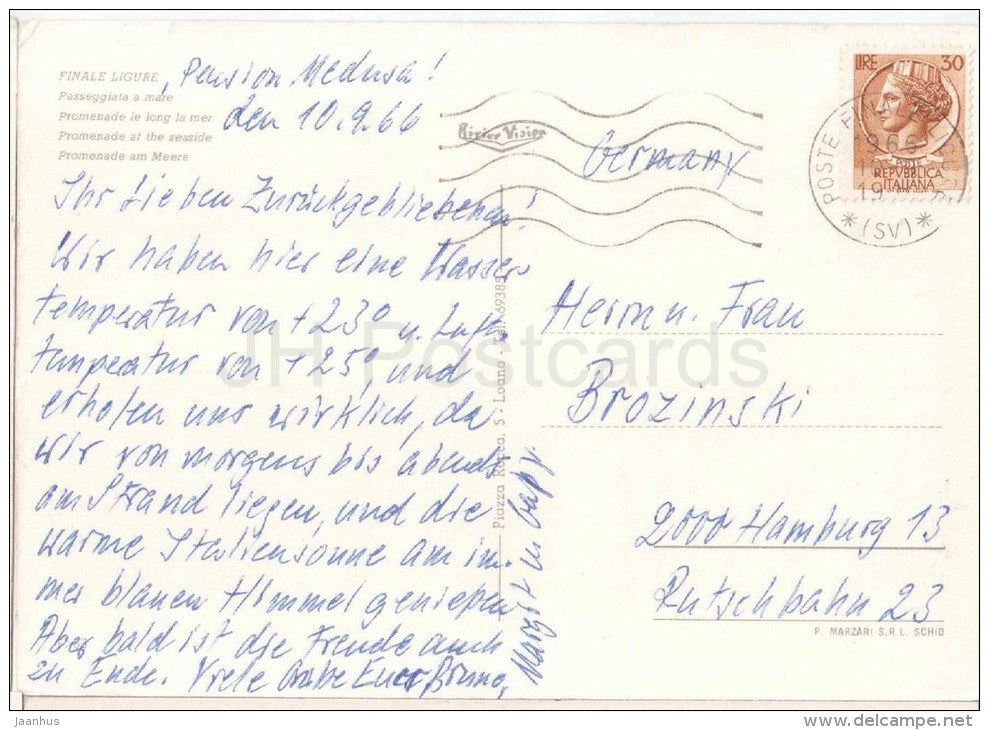 Finale Ligure - Passeggiata a Mare - promenade - Savona - Liguria - Italia - Italy - sent from Italy to Germany 1966 - JH Postcards