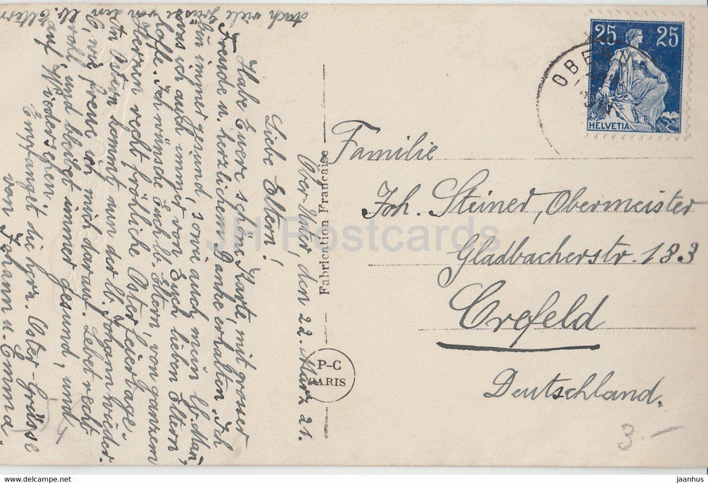 Carte de voeux de Pâques - Beste Osterngrusse - fille - poulet - PC Paris 385 - carte postale ancienne - 1921 - France - occasion