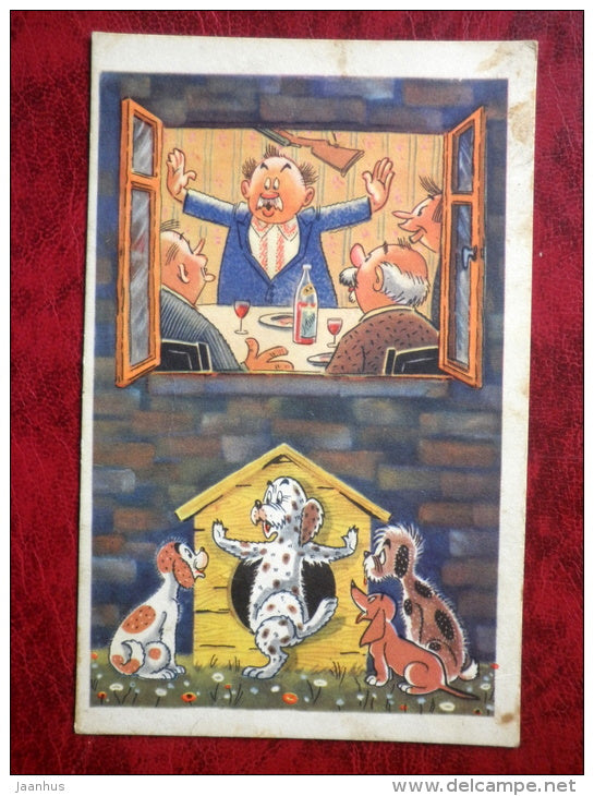 funny hunters and anglers by Orlov, Schwarz - after the hunt - hunter - dog - 1968 - Russia - USSR - unused - JH Postcards