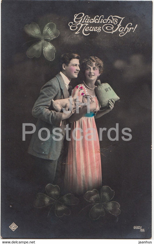 New Year Greeting Card - Gluckliches Neues Jahr - couple - 6683/84 - old postcard - 1919 - Germany - used - JH Postcards