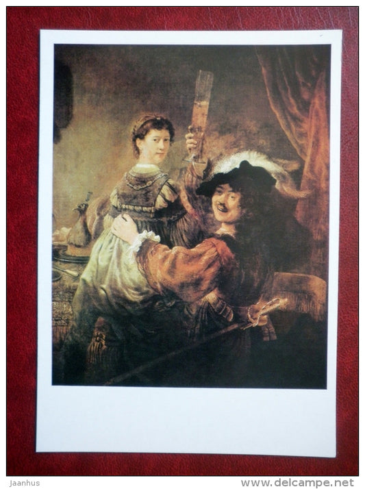 painting by Rembrandt , Rembrandt with Saskia , 1635 - dutch art - unused - JH Postcards