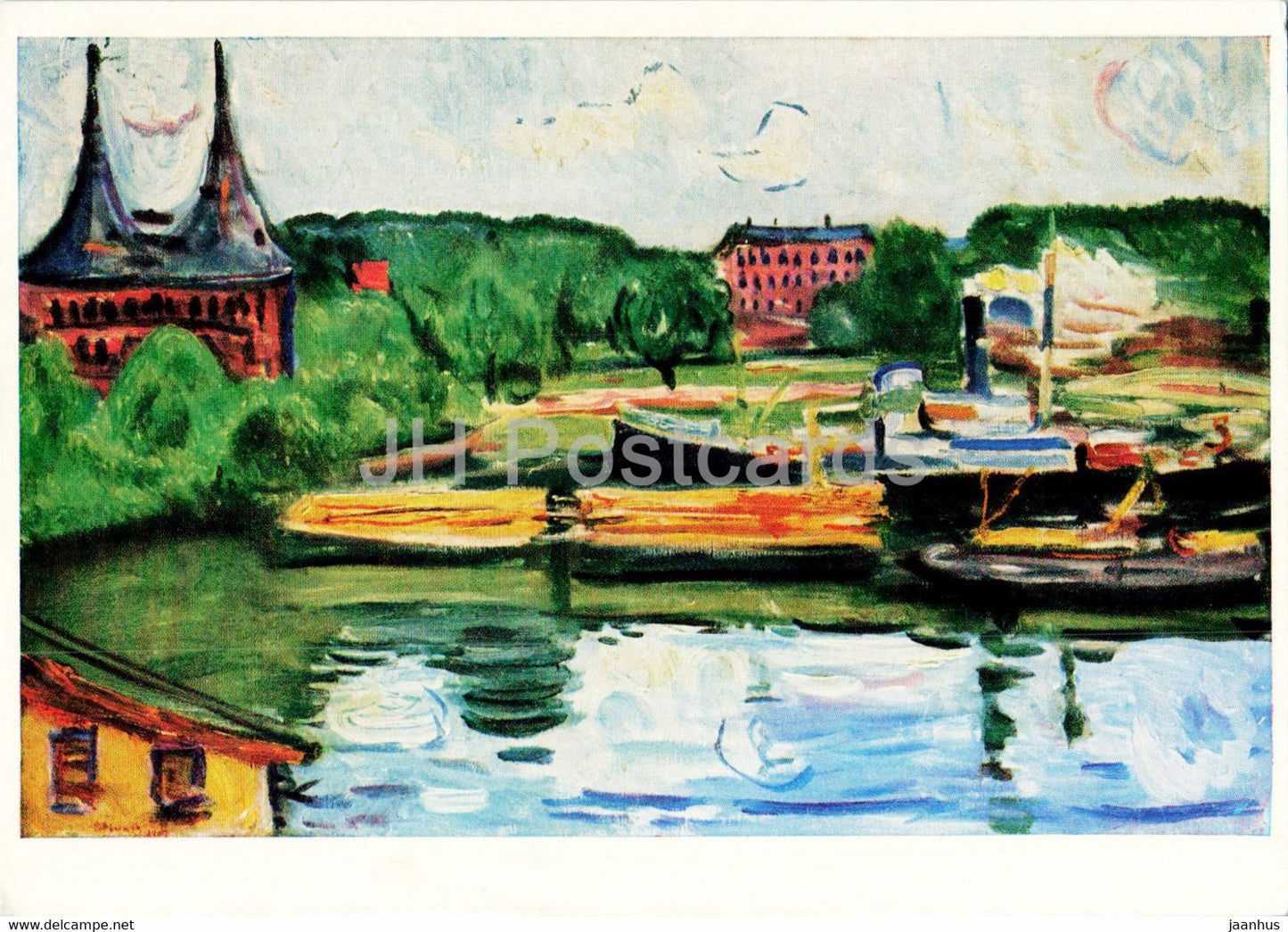 painting by Edvard Munch - Lubecker Hafen mit Holstentor - Lubeck Port - Norwegian art - Germany - used - JH Postcards