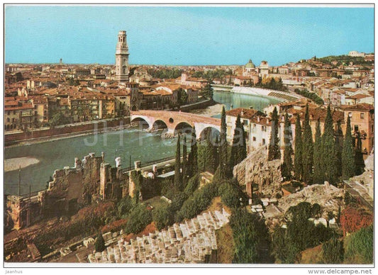 panorama , Ponte Pietra , Chiesa S. Giorgio - stone bridge and Church - Verona - Veneto - 20 - Italia - Italy - unused - JH Postcards