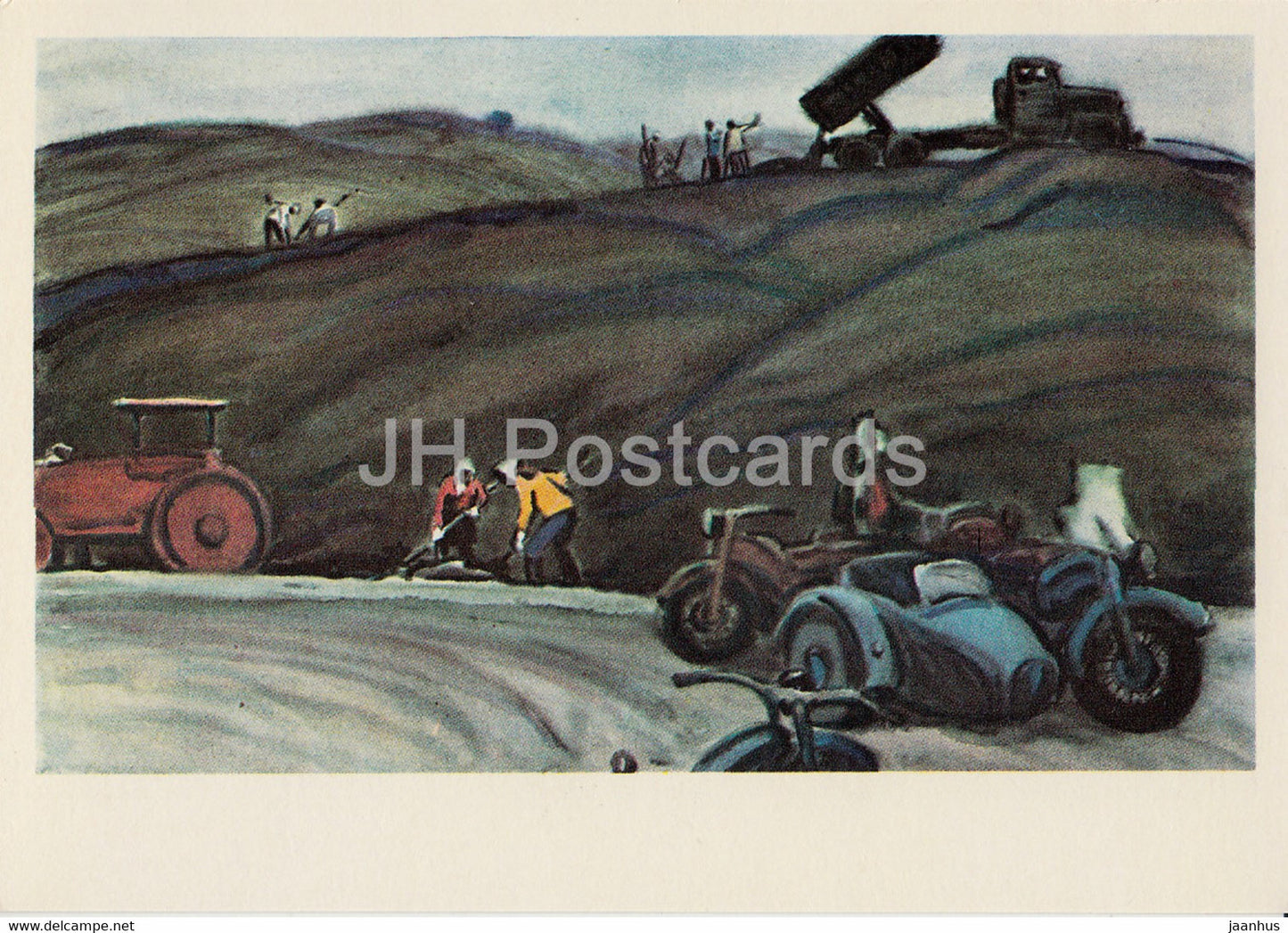 across Kyrgyzstan by V. Rogachev - Road Repair - tractor - motorbike - illustration - 1979 - Russia USSR - unused - JH Postcards