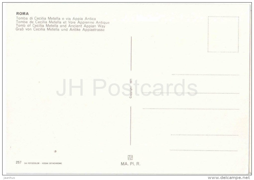 Tomba di Cecilia Metella e via Appia Antica - Tomb of Cecilia Metella -Appian Way - Roma - 257 - Italia - Italy - unused - JH Postcards