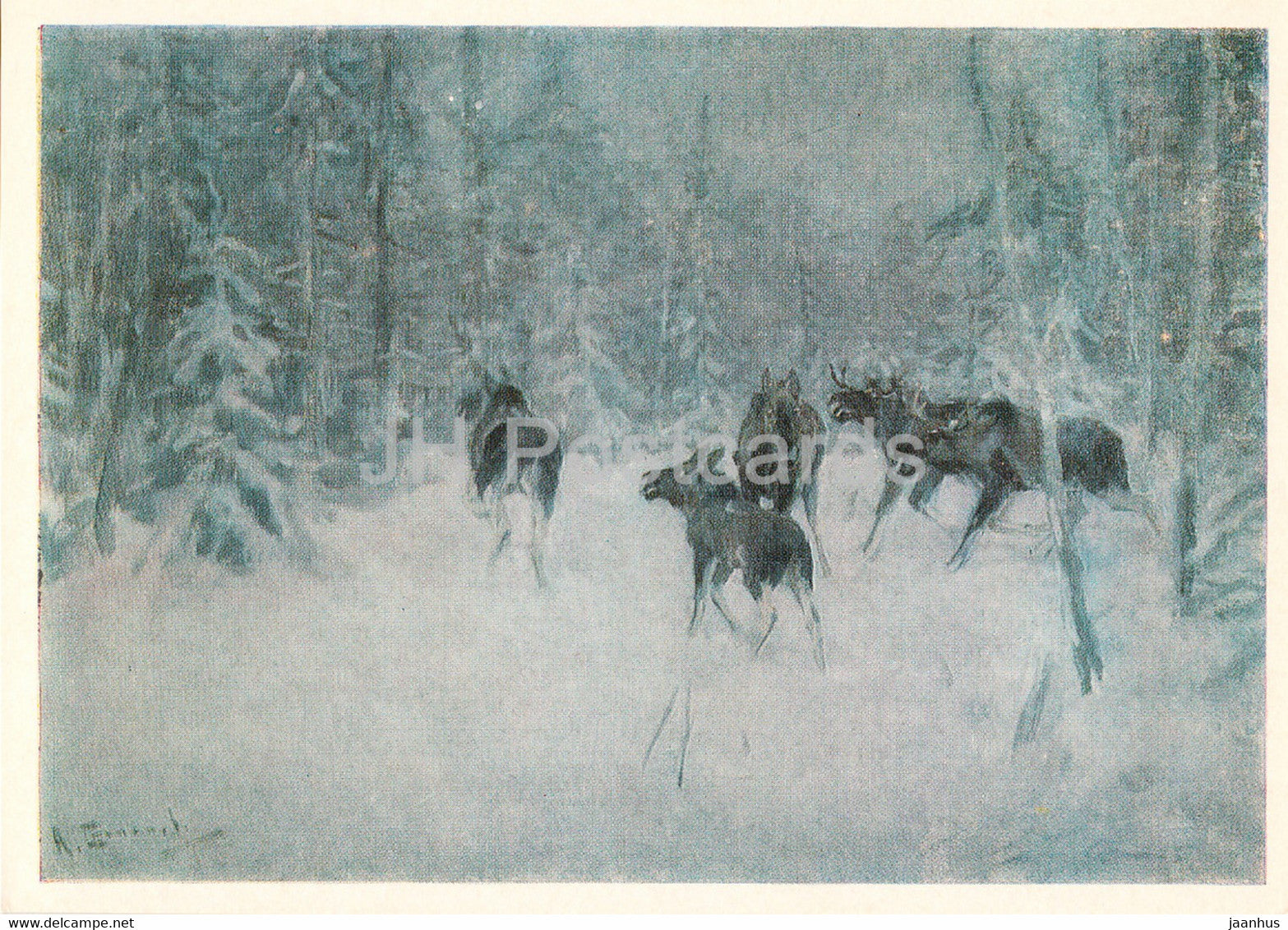 painting by A. Stepanov - Elks - animals - Russian art - 1981 - Russia USSR - unused - JH Postcards
