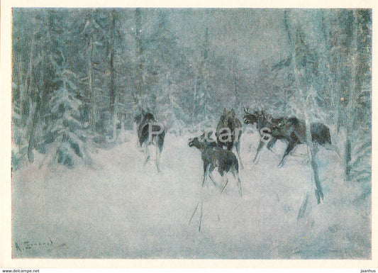 painting by A. Stepanov - Elks - animals - Russian art - 1981 - Russia USSR - unused - JH Postcards