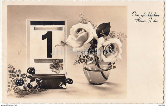 New Year Greeting Card - Ein Gluckliches neues Jahr - flowers - mushrooms - Amag - old postcard - Germany - used - JH Postcards