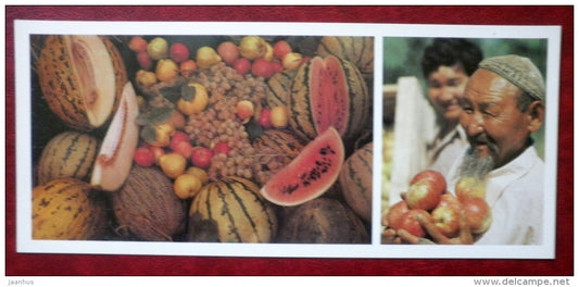 The gifts of the Kyrgystan earth - fruits - apple - watermelon - grape - pears - 1984 - Kyrgystan USSR - unused - JH Postcards