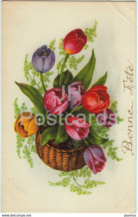 Birthday Greeting Card - Bonne Fete - flowers - tulips - Serie Fleurs - 70 - illustration - old postcard - France - used - JH Postcards