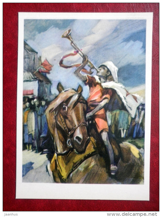 painting by I. Ushakov - trumpeteer - boy - horse  Pedagogical Poem by I. Makarenko - book - Russia USSR - 1977 - unused - JH Postcards