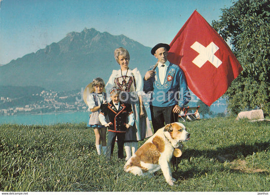 Luzern mit Pilatus - St Bernard dog - Swiss folk costumes - 1972 - Switzerland - used - JH Postcards