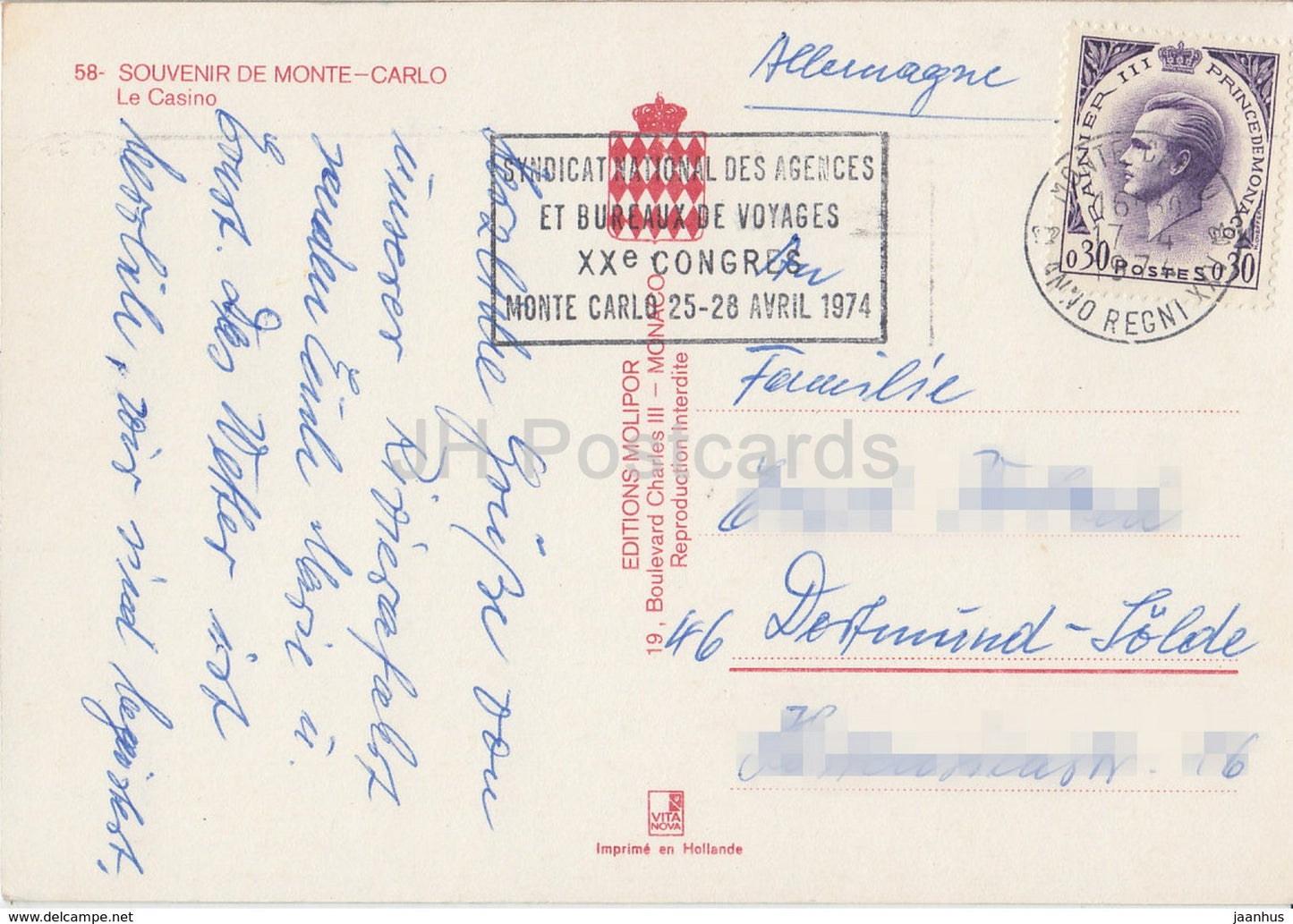 Souvenir de Monte-Carlo - Le Casino - Gardens - 58 - 1974 - Monaco - used