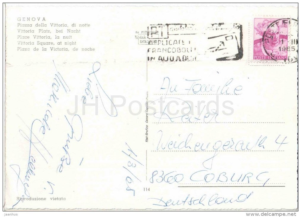 Piazza della Vittoria , di Notte - square - Genova - Liguria - 114 - Italia - Italy - sent from Italy to Germany 1965 - JH Postcards