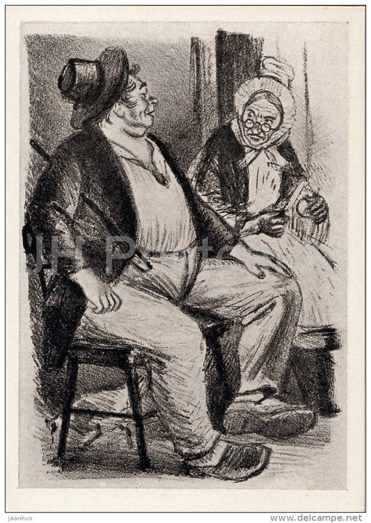 illustration by K. Rudakov - Barrel by Guy de Maupassant - man and woman - 1957 - Russia USSR - unused - JH Postcards