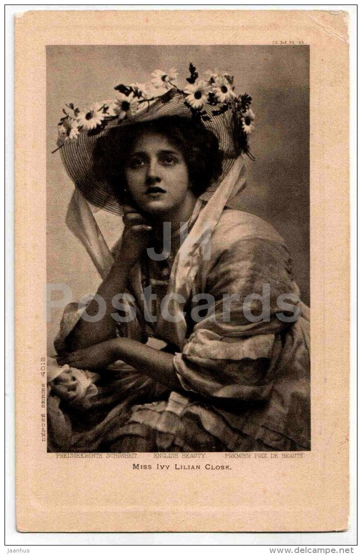 miss Ivy Lilian Close - English Beauty - hat -  4012 - old postcard - Germany - used - JH Postcards