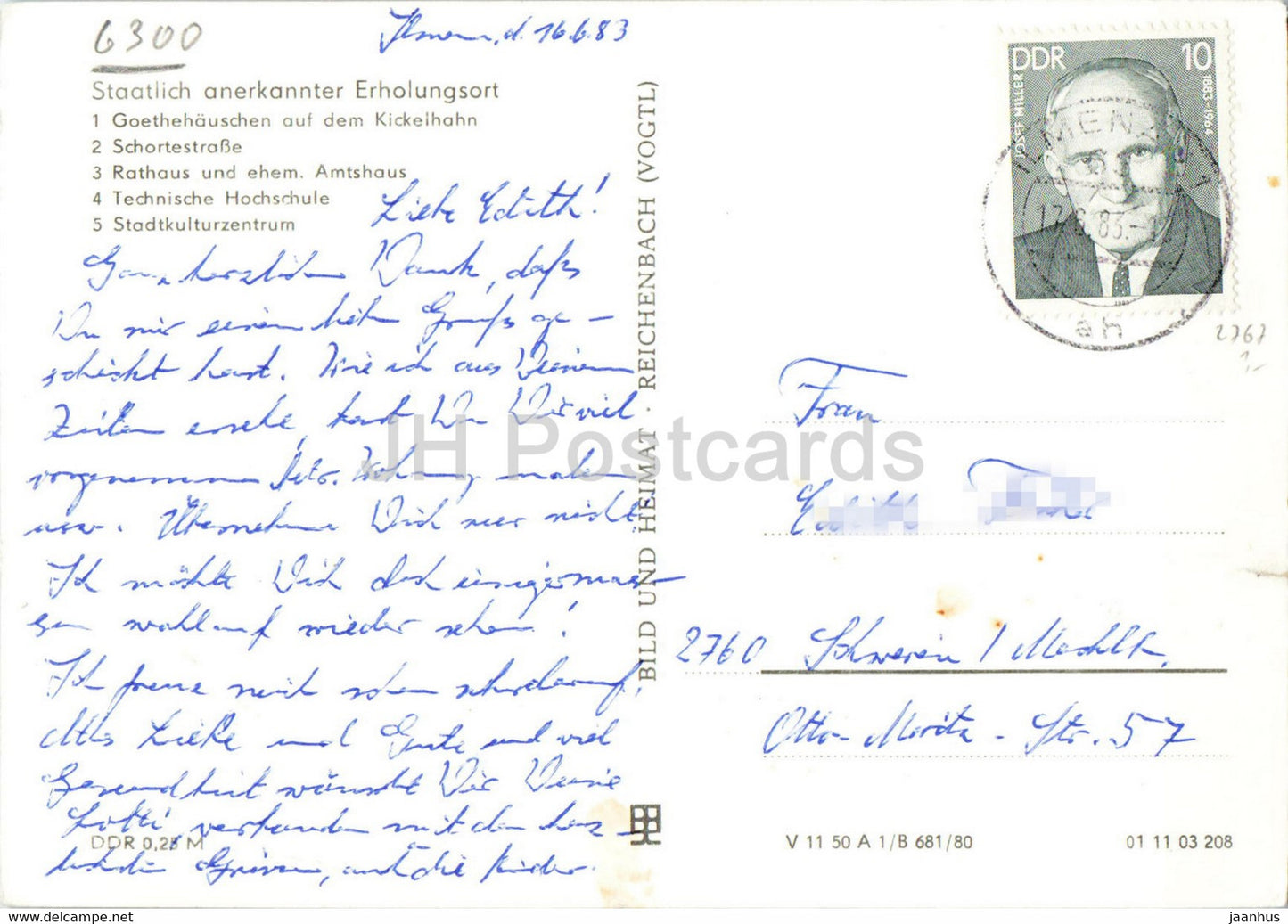 Ilmenau - Goethehauschen - Kickelhahn - Schortestrasse - Rathaus - Technische Hochschule - Thur - Germany DDR - unused