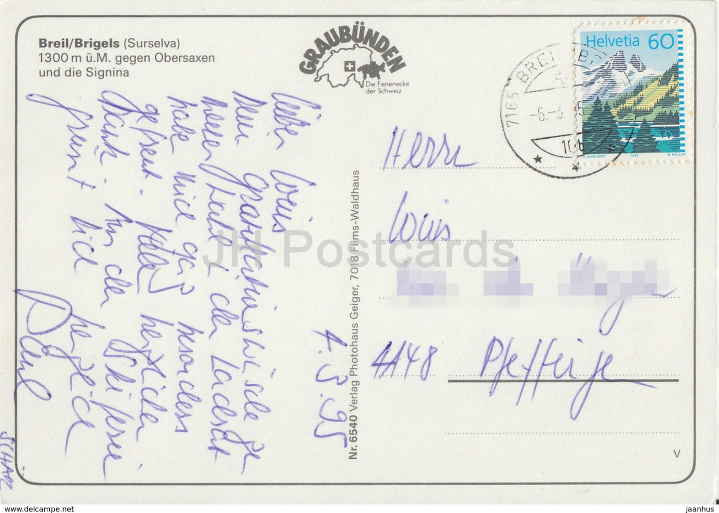 Breil - Brigels 1300 m - Obersaxen - Signina - 6540 - 1995 - Switzerland - used