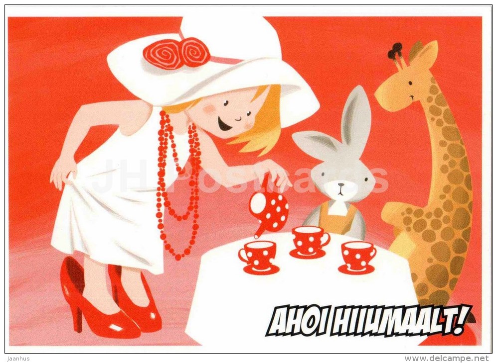 Coffee brings together - giraffe - rabbit - illustration - 2011 - Estonia - unused - JH Postcards