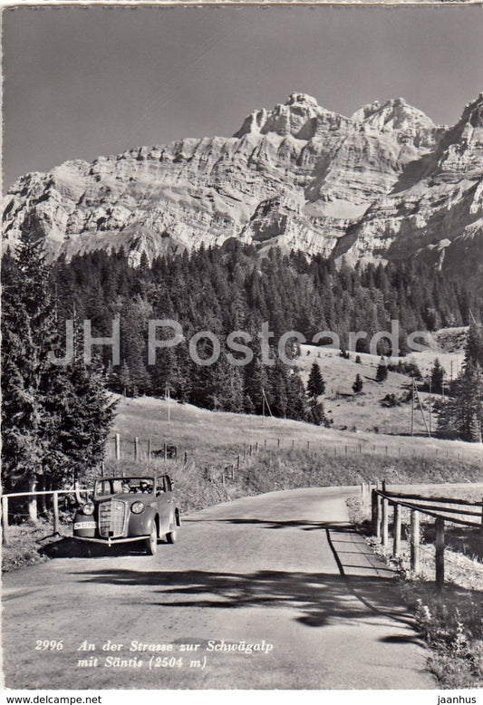 An der Strasse zur Schwagalp mit Santis 2504 m - old car - 2996 - Switzerland - old postcards - used - JH Postcards