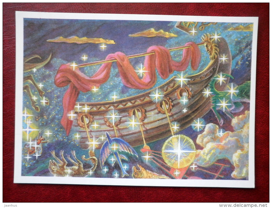 Argo Navis - Volans - constellations - ship - flying fish - stars - night sky - 1990 - Russia USSR - unused - JH Postcards