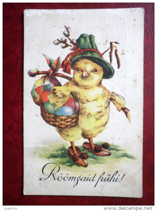 Easter Greeting Card - chicken - eggs - circulated in 1937 - Estonia - used - JH Postcards