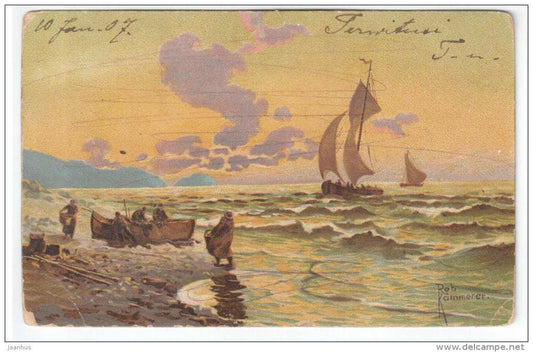 Illustration by Rob Kärnmerer - sailing boat - sea - old postcard - circulated in Tsarist Russia Estonia 1907 - used - JH Postcards