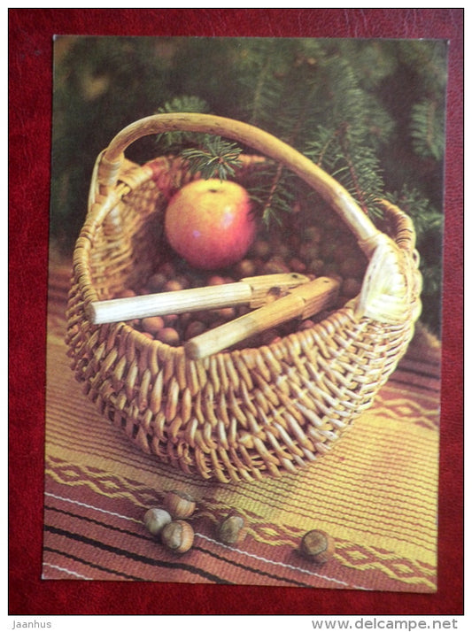 New Year Greeting card - apple - nuts - nutcracker - 1985 - Estonia USSR - used - JH Postcards