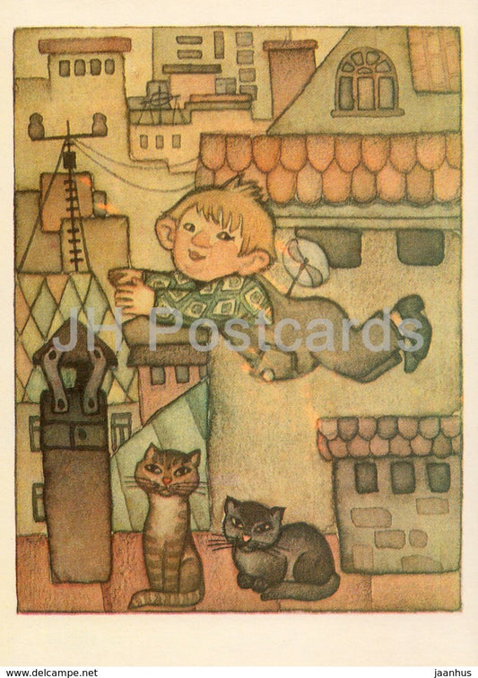 Karlsson-on-the-Roof by Astrid Lindgren - Karlsson - cats - illustration by N. Poplavskaya - 1976 - Russia USSR - unused - JH Postcards
