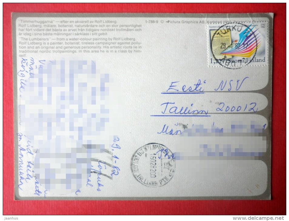 illustration by Rolf Lidberg - The Lumberers - Sweden - sent from Finland Turku to Estonia USSR 1982 - JH Postcards