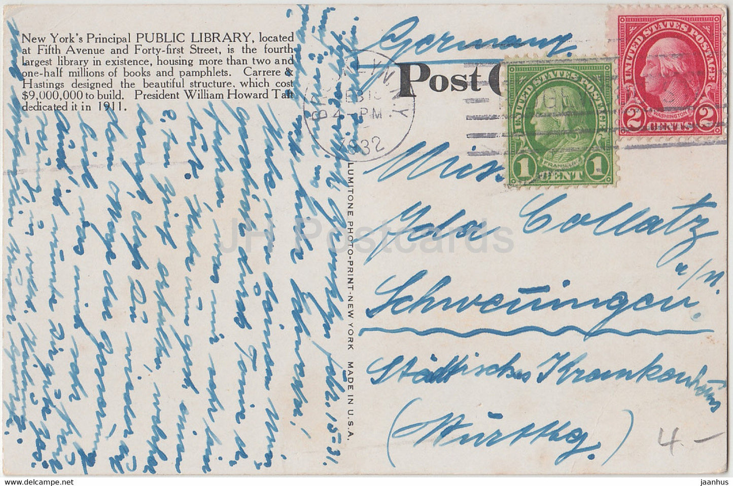 New York – Öffentliche Bibliothek – Auto – alte Postkarte – 1932 – Vereinigte Staaten – USA – gebraucht