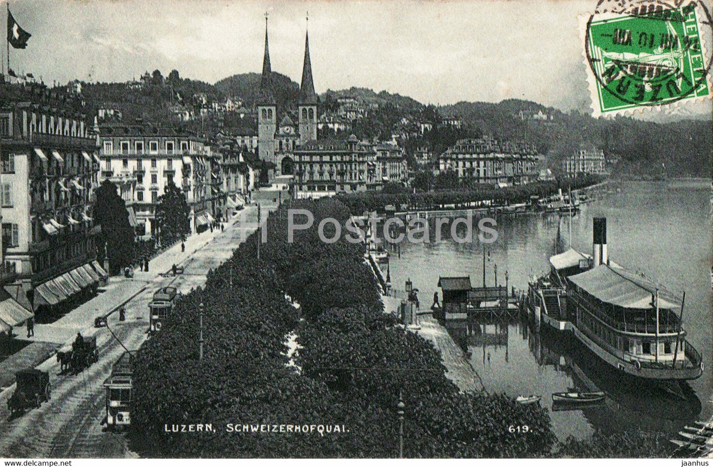 Luzern - Lucerne - Schweizerhofquai - 619 - tram - boat - steamer - ship - old postcard - 1910 - Switzerland - used - JH Postcards