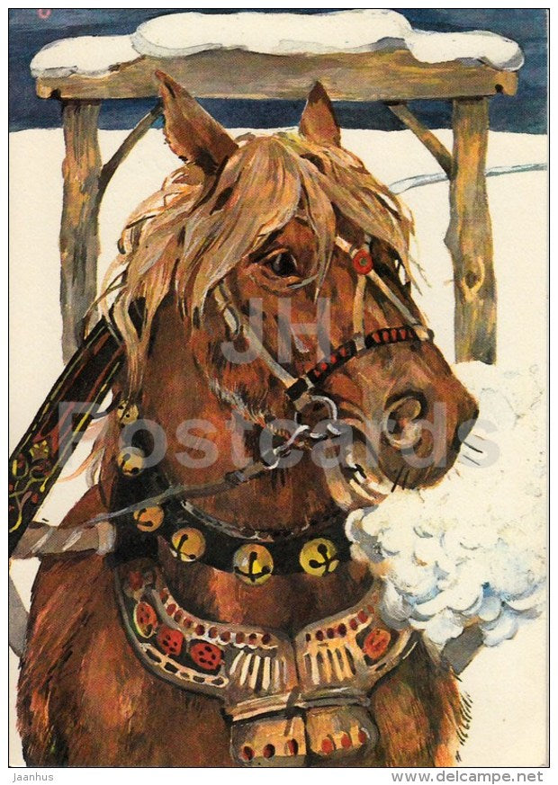 New Year Greeting card by T. Tulev - Horse - illustration - 1986 - Estonia USSR - used - JH Postcards