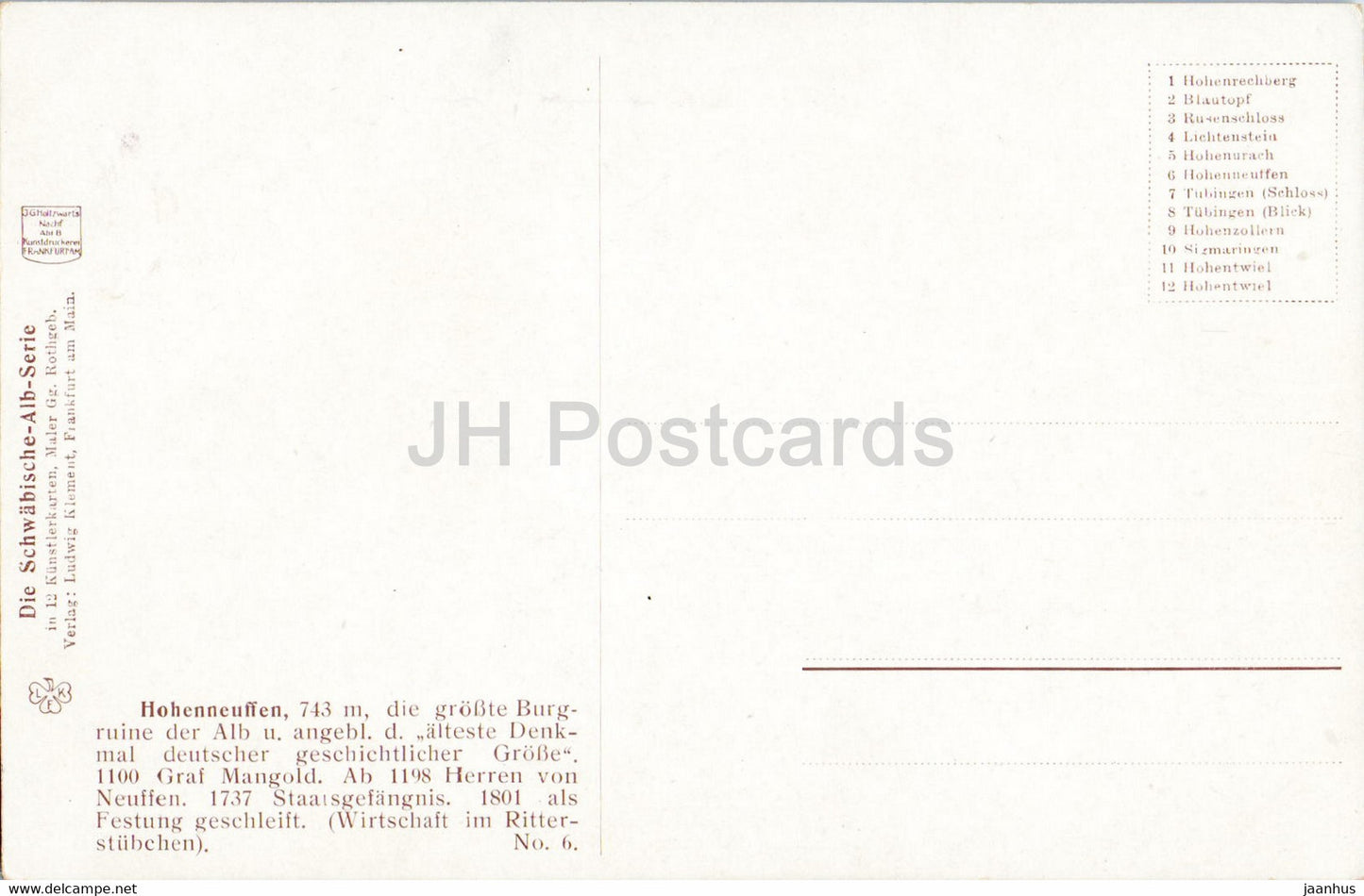 Hohenneuffen - Die Schwabische Alb Serie - illustration de Rothgeb - carte postale ancienne - Allemagne - inutilisée