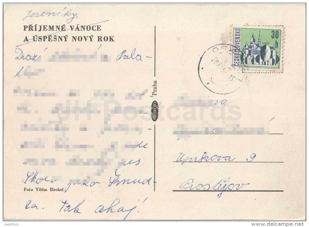 Jeseniky - New Year greeting card - mountain view - winter - Czechoslovakia - Czech - used 1967 - JH Postcards